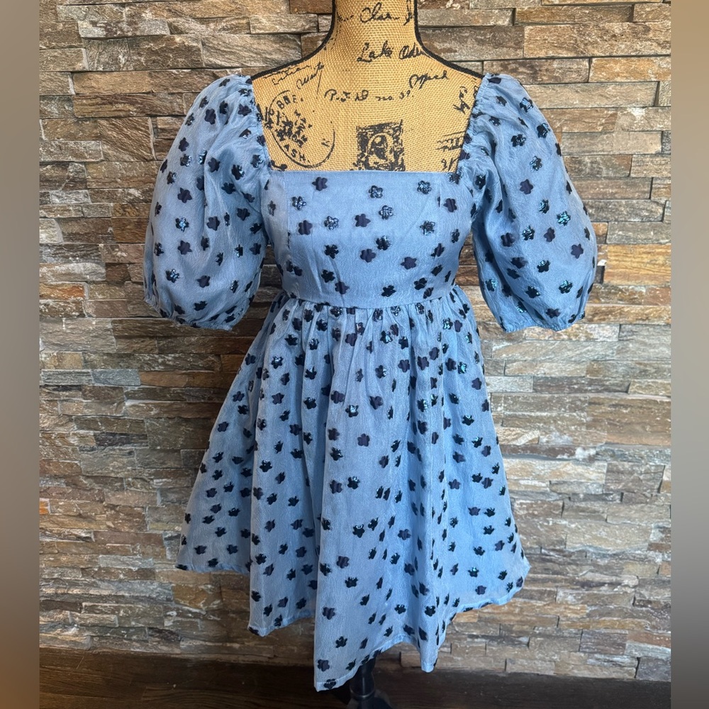 TCEC Light Blue Navy Dainty Coquette Puff Sleeve Floral Lined Mini Dress Size S - Picture 3 of 10
